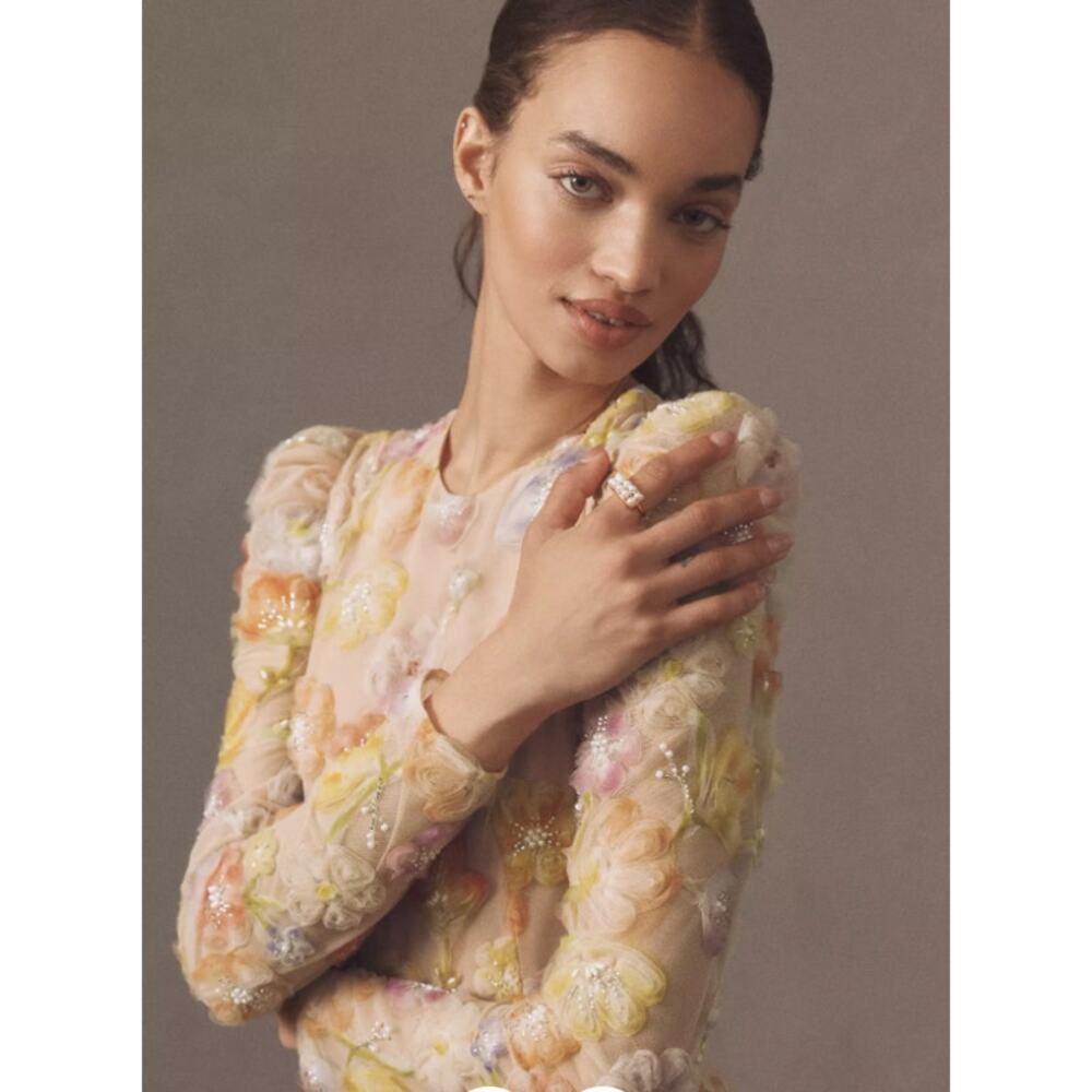 NEW NWT Anthropologie Helsi Tessa Long-Sleeve Appliqué Sunset Yellow Dress S - Picture 2 of 11